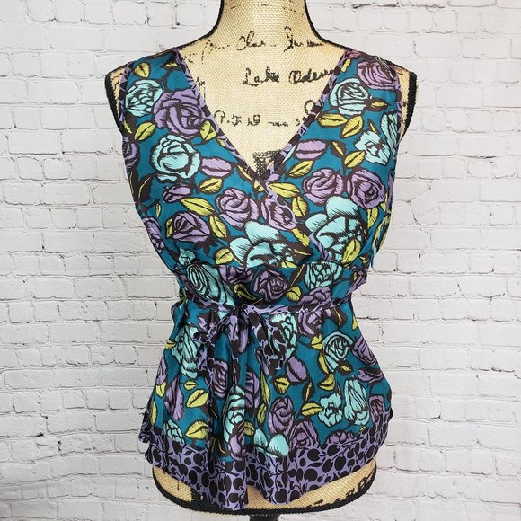 Boden Tops - Boden 100% Silk Tank Top Blue Purple Green Roses Floral Wrap Sleeveless Top